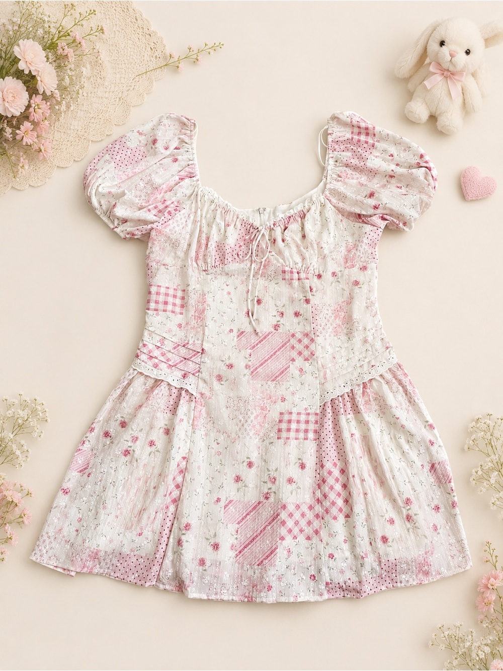 NWT All In Favor Cottagecore Patchwork Floral Puff Sleeve Mini Dress